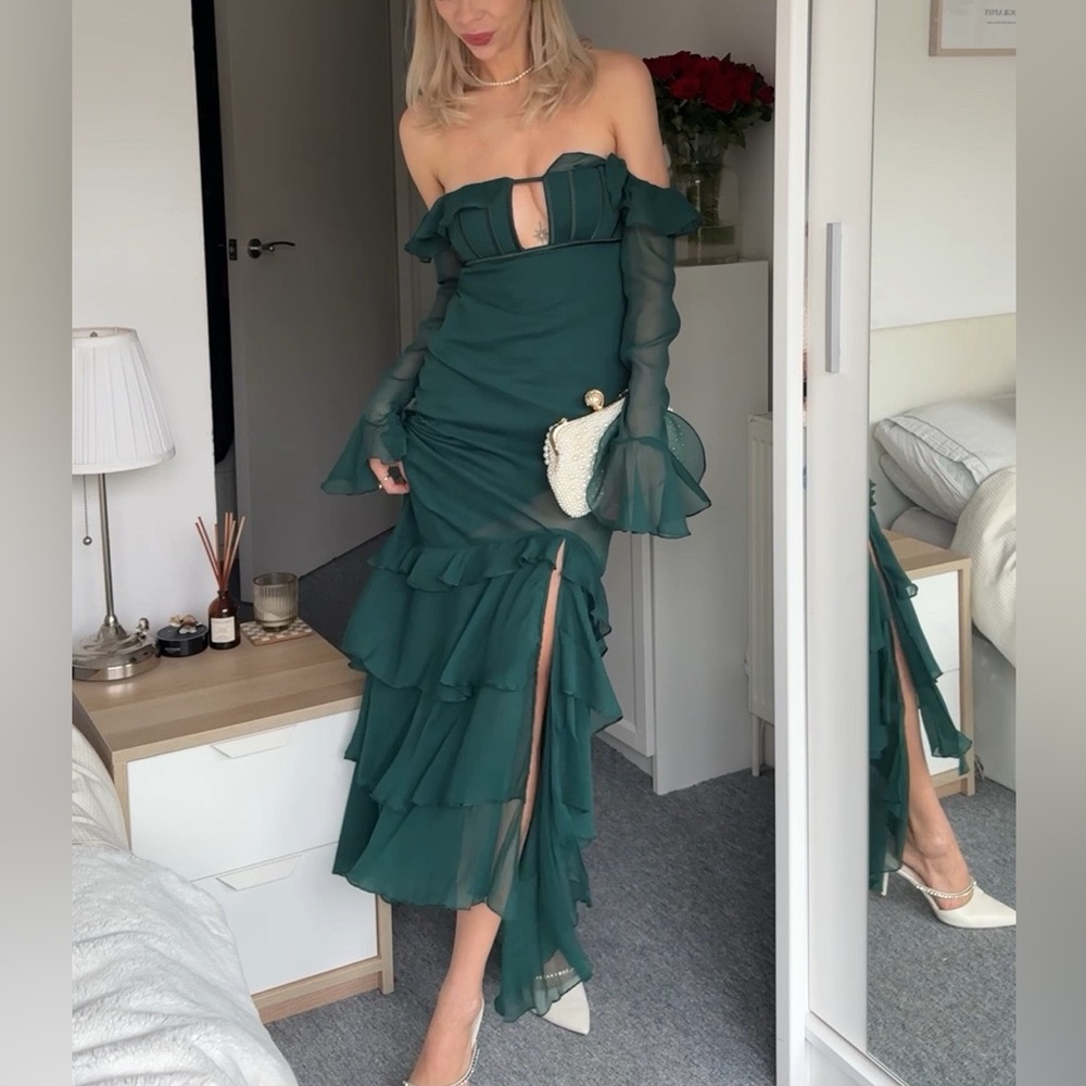 ASOS dark green ruffle corset maxi dress